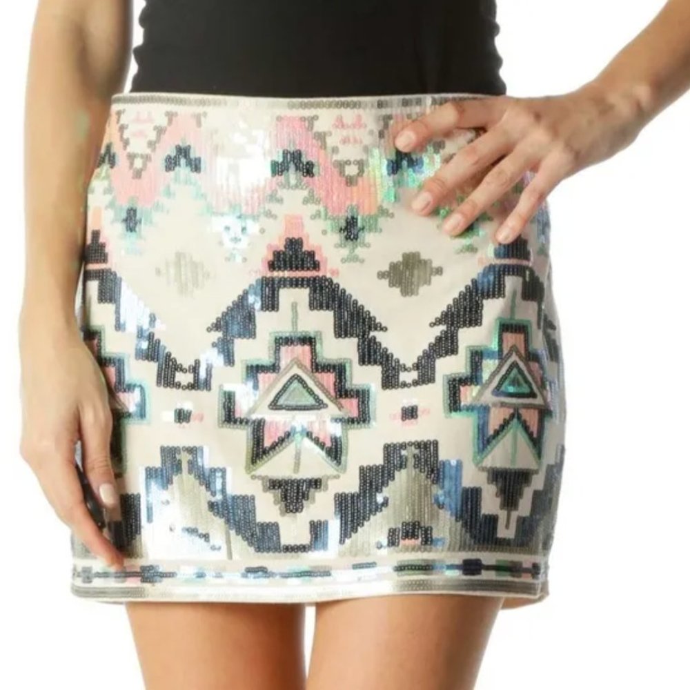 Express Iridescent Sequin Boho Aztec Southwest Mini Skirt, EUC